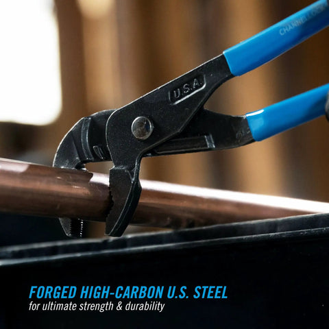 GripLock Tongue And Groove Pliers Set 9.5 Inch on copper pipe, forged high carbon steel for heavy duty jobs, Made In USA