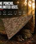 Military Style Tactical Ripstop Camo Rain Poncho for Outdoor Survival and Adventure Gear as a tarp in forest setting