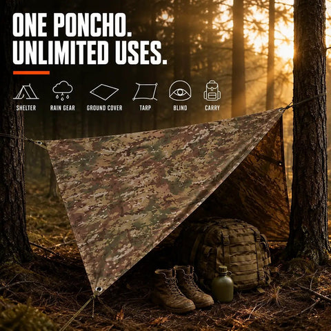Military Style Tactical Ripstop Camo Rain Poncho for Outdoor Survival and Adventure Gear as a tarp in forest setting