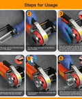Steps for usage of Npt Pipe Threader Machine 2300W With Six Hss Dies For One Half To Two Inch Conduit, showing clamping and threading process.