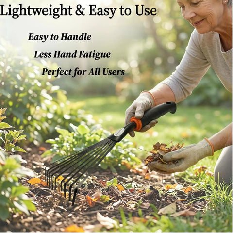 Person using Two Pack Garden Hand Rake With Durable Steel Tines Small Shrub Rake With Ergonomic Non Slip Handle for garden cleanup