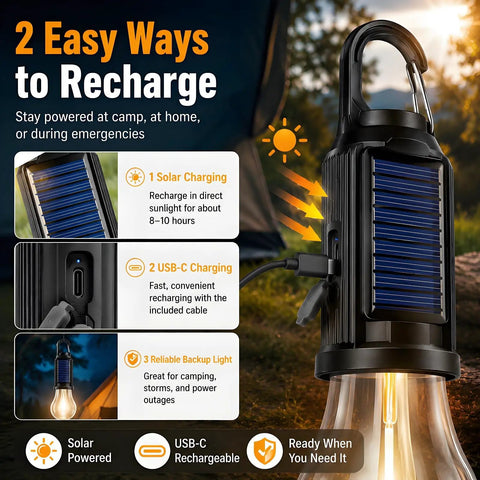 4 Pack Solar Camping Lanterns Portable LED USB Rechargeable Emergency Lights showing solar and USB-C charging options outdoors