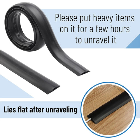 6 Ft Floor Cord Cover Cable Protector unrolled and laying flat, black PVC, shown on floor with instructions to unravel smoothly.