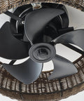 20" Boho Ceiling Fan with Light, Rattan Caged Ceiling Fan with Remote, close-up of black blades and woven rattan cage.