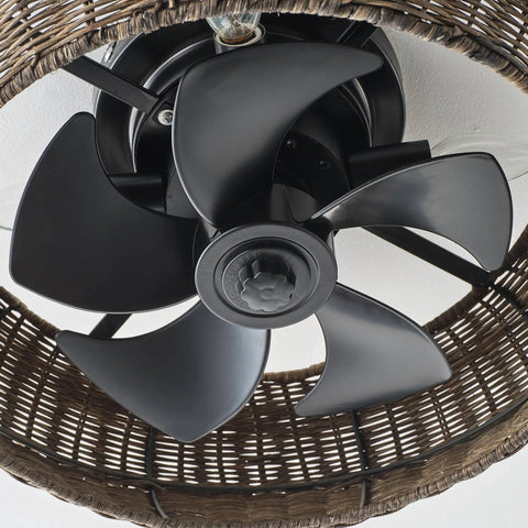 20" Boho Ceiling Fan with Light, Rattan Caged Ceiling Fan with Remote, close-up of black blades and woven rattan cage.