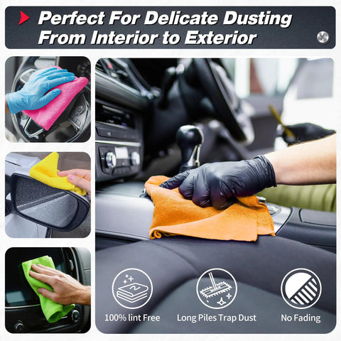 Ultra Absorbent Microfiber Cleaning Cloths 100 Pack 12x12 Inches All Purpose Towels for Car Detailing shown in various uses
