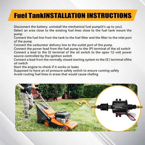 Manual for installing Beefy 12V Electric Fuel Pump Universal Transfer Pump Low Pressure 3 To 6 PSI with lawn mower image.