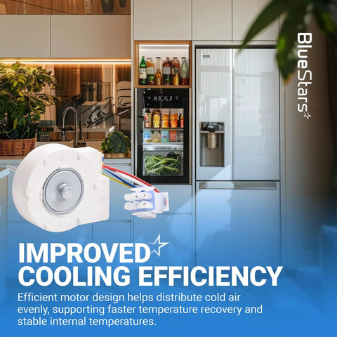 Beefy Build Evaporator Fan Motor for GE and Hotpoint refrigerators replacement WR60X10185 shown in a kitchen setting