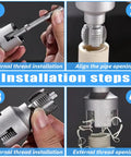 Visual guide to using the 2-In-1 PVC Pipe Threader Kit With Internal And External Dies For One-Half And Three-Quarter Inch Pipes.