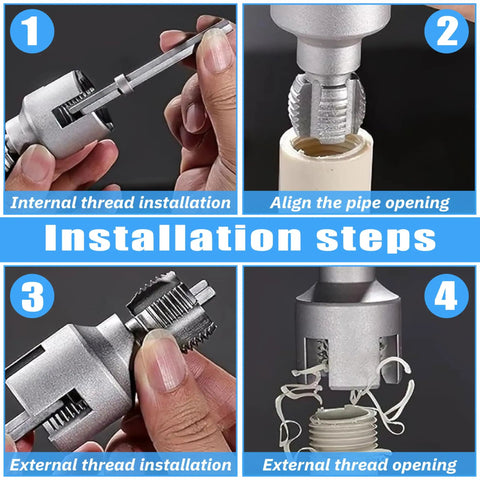 Visual guide to using the 2-In-1 PVC Pipe Threader Kit With Internal And External Dies For One-Half And Three-Quarter Inch Pipes.