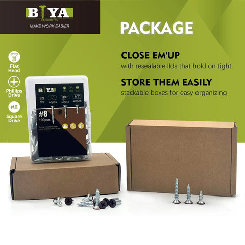 Self Tapping Brown Head Wood Screws Kit 120 Pieces Philips Flat Head Assorted Sizes One Half Inch, Three Quarter Inch, One Inch For DIY Projects And Quick Home Fixes Perfect For Cabinets, Furniture, Shelves And General DIY Repairs For Woodworking And, package with assorted brown flat head wood screws in storage box