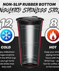 Red 24 Oz Insulated Stainless Steel Party Cup With Lid No Sweat Double Wall Vacuum Insulated Tumbler showing cold and hot usage benefits
