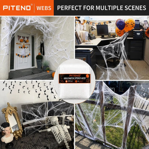 1200 Square Foot White Stretchable Halloween Spider Webs With Forty Fake Spiders for indoor and outdoor Halloween decoration scenes.