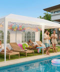 10x20 Ft Party Tent Canopy With Six Removable Sidewalls, Waterproof Outdoor Shelter For Backyard Patio Weddings And BBQs, Durable Alloy Frame With Wind Ropes And Ground Stakes For Extra Stability by a pool with lounge chairs.