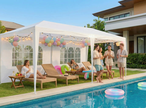 10x20 Ft Party Tent Canopy With Six Removable Sidewalls, Waterproof Outdoor Shelter For Backyard Patio Weddings And BBQs, Durable Alloy Frame With Wind Ropes And Ground Stakes For Extra Stability by a pool with lounge chairs.