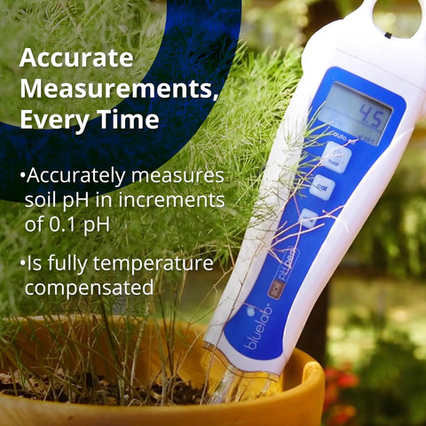Soil pH Pen Digital Meter And Water Test Kit For Hydroponics And Indoor Grow Rooms, Easy Calibration, Temperature Reading, Lab Quality Glass Probe measuring soil pH in pot