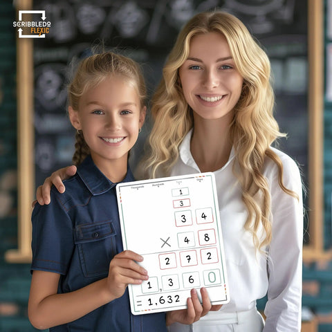 Teacher and student holding Multiplication Practice 9x12 Small Whiteboard Dry Erase Sheets Pack of 10 Classroom Math Manipulatives