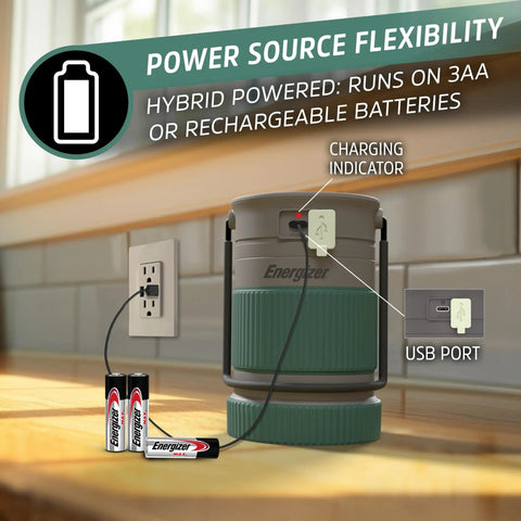 Hybrid Solar Lantern Go To Camping Buddy with USB or AA battery power next to charging indicator and batteries