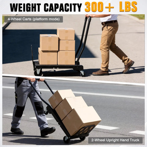 Heavy Duty Folding Hand Truck With Four Wheel Mode And Two In One Collapsible Push Cart And Fold Up Toe Plate