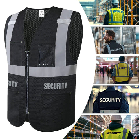Rock Solid High Visibility Security Vest Crafted For Day Shift Crews With Full Zipper Front Five Spacious Pockets And Bright Reflective Tape That Keeps You Clearly Visible Meets Ansi Safety Rules In Jet Black Xl displayed on a mannequin with security logos.