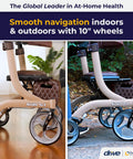 Slick Folding Rollator Walker With Super Comfy Padded Seat And Reliable Hand Brakes Butter Smooth Ten Inch Wheels Aluminum Frame Built Tough for mobility indoors and outdoors.