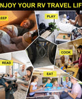 Collage of RV travel lifestyle, including Heavy Duty X Shaped RV Wheel Chock Stabilizer Kit with travel trailer activities