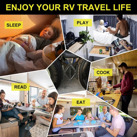 Collage of RV travel lifestyle, including Heavy Duty X Shaped RV Wheel Chock Stabilizer Kit with travel trailer activities