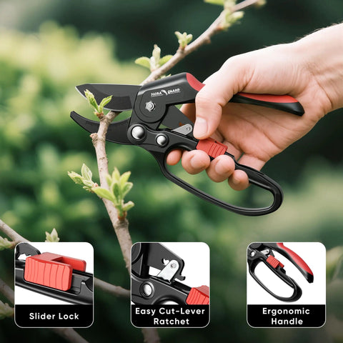 Ratchet Pruning Shears For Thick Branches, Heavy Duty Garden Clippers with ergonomic grip shown in use on a branch; slider lock, lever ratchet.
