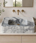 Calacatta Viola Marble Fluted Sink, Natural Stone Wall Mounted Washbasin, Hand-Carved Rectangular Bathroom Vanity Basin, Custom Size Luxury Powder Room Countertop Sink with fluted design
