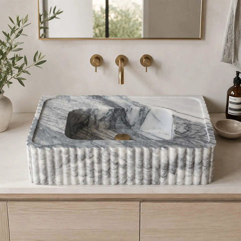 Calacatta Viola Marble Fluted Sink, Natural Stone Wall Mounted Washbasin, Hand-Carved Rectangular Bathroom Vanity Basin, Custom Size Luxury Powder Room Countertop Sink with fluted design