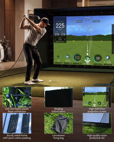 Golfer using 11' X 8' Indoor Golf Simulator Enclosure Kit with 4K Ready Impact Screen, showing multiple components and features.