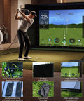 Man using Indoor Golf Simulator Enclosure Kit 11 By 8 Feet With 4K Ready Impact Screen, shown with product material close-ups.