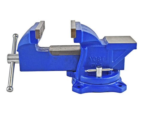 Heavy Duty Workhorse 4 Inch Bench Vise For Home Shop With 120 Degree Swivel Base, Powder Coat Blue Finish, 3380 Lb Clamping Power