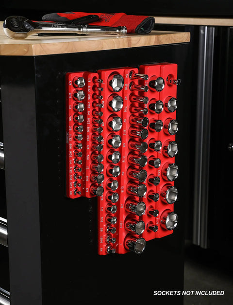 Magnetic Socket Organizer Set For One Quarter, Three Eighths, And One Half Inch Drives on a toolbox, socket holders visible