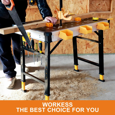 Beefed Up Folding Work Table With A Rock Solid One Thousand Pound Load Rating And Five Step Height Tweaks Featuring A Full Docking Grid.