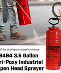 Worker using Pro Grade 3.5 Gallon Tri Poxy Open Head Sprayer for Concrete and Construction Jobs with Chemical Resistant Seals.