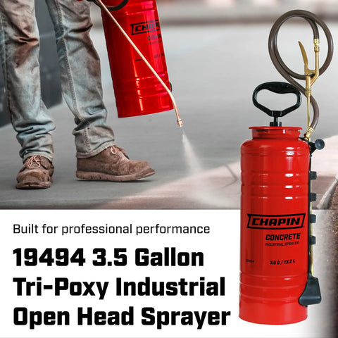 Worker using Pro Grade 3.5 Gallon Tri Poxy Open Head Sprayer for Concrete and Construction Jobs with Chemical Resistant Seals.