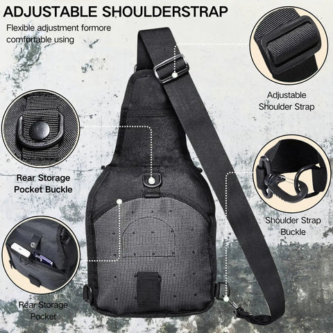 Lightweight Tactical Shoulder Sling Bag for Men with adjustable strap, black nylon, ideal for travel and hiking, rear pocket view.
