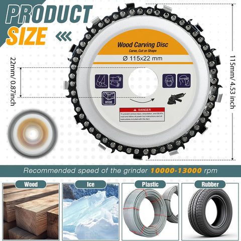 Heavy Duty Four Pack Of 4-1/2 Inch Wood Carving Discs With 7/8 Inch Arbor crafted for 115Mm angle grinder with detailed size info.