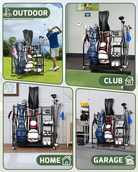 Heavy Duty Golf Bag Storage Rack With Rolling Wheels For Garage Or Clubhouse Durable Metal Stand Holds 2 Full Size Golf Bags And Gear