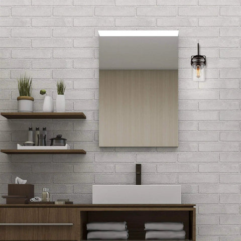 Wyer 11.5 Inch Farmhouse Industrial Wall Sconce With Gooseneck Arm Clear Glass Jar Shade in modern bathroom setting