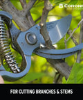 Corona BP 3180D blue forged classic bypass pruner cutting a branch; 1-inch cutting capacity, close-up view