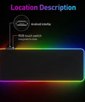 RGB Gaming Mouse Pad With Led Lights Large Size Big Mouse Mat For Pro Gamers And Casual Players Featuring 14 Lighting Modes and Power Off Memory, showing Android interface and RGB touch switch.