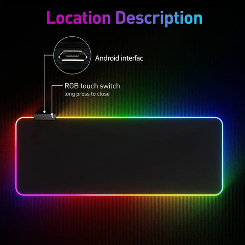 RGB Gaming Mouse Pad With Led Lights Large Size Big Mouse Mat For Pro Gamers And Casual Players Featuring 14 Lighting Modes and Power Off Memory, showing Android interface and RGB touch switch.