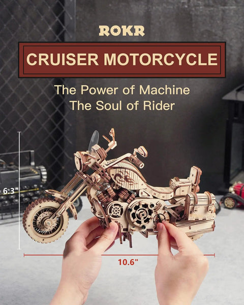 1 To 8 Scale Wood Motorcycle Puzzle Kit For Adults, 3D Buildable Model Cruiser, Realistic Detailed Wooden Bike, 10.6-inch assembled view