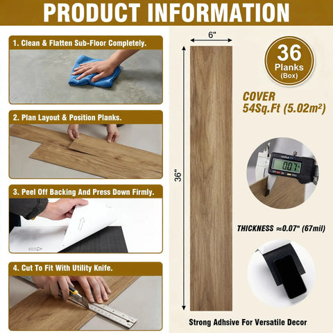 Waterproof Peel And Stick Floor Tile Earthen Oak Vinyl Plank Flooring For Kitchen Bedroom Bathroom RVs Easy DIY Install Durable Rental Friendly Scratch Resistant 54 Sq Ft Coverage 36 Planks 6 By 36 Inches installation steps and dimensions.