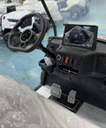 Interior of Full Size Four Plus Two Seater Electric Golf Cart White featuring dashboard, pedals, and steering wheel.