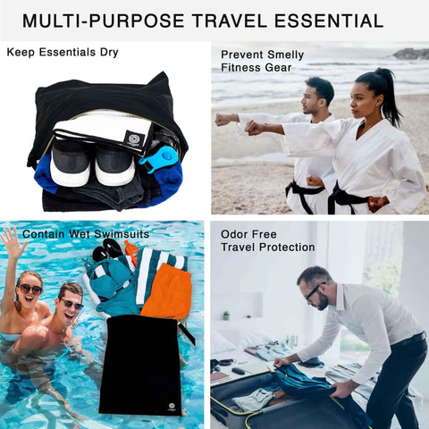X Large Waterproof Antimicrobial Travel Wet Dry Laundry Bag Keeps Odor In Check For Swimsuits Towels And Dirty Clothes shown in use by poolside and travel