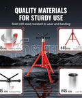 Red steel pipe jack stand with adjustable height and folding triangular base.
