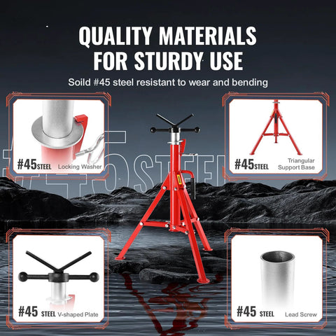 Red steel pipe jack stand with adjustable height and folding triangular base.